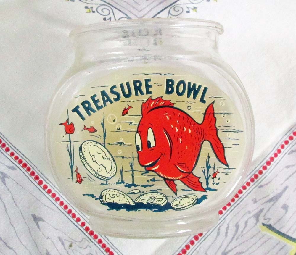 Vintage Glass Fish Bowl Bank Bower Mfg Treasure Bowl Bank