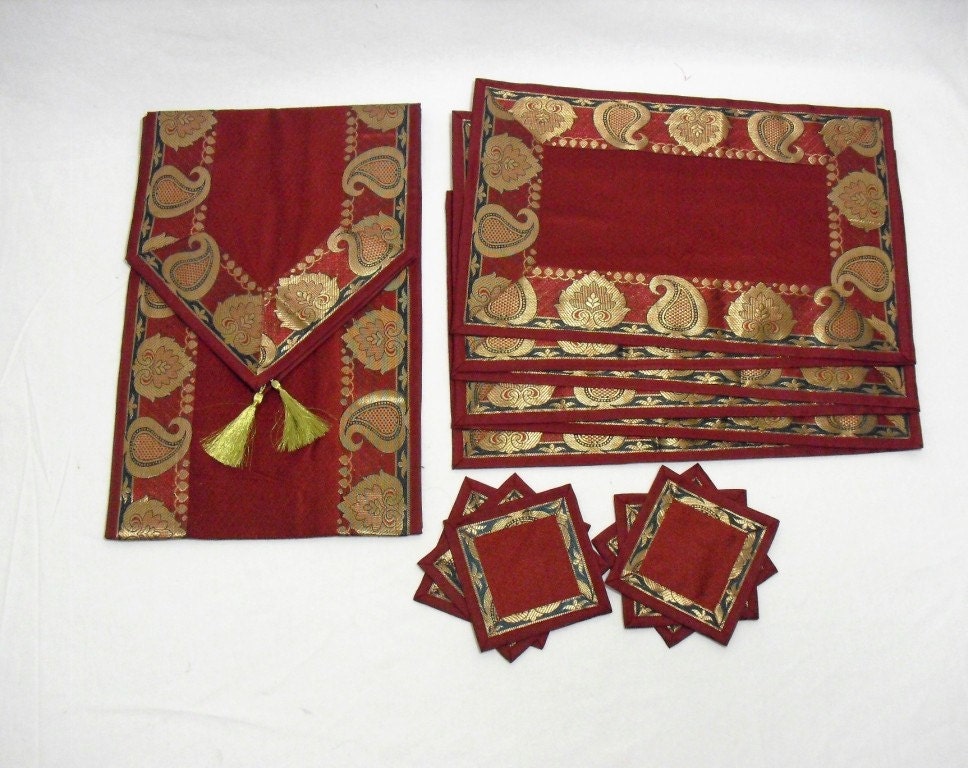 Red Color Indian Silk Table Runner with Placemat 6 and Coaster