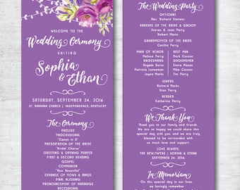 Wedding Programs, Wedding Program Printable, Wedding Program Template, Wedding Program Template Download, Purple Wedding, Floral Wedding