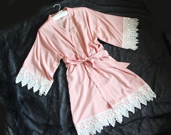Blush Pink Women Kimono Robe(with lace trims)-Bridesmaid Kimono Robe-bridesmaid Gift-wedding party bridal party Gift