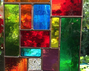 Stained Glass Panel Multi Coloured Copper Abstract Stained Glass Suncatcher Glass Art Panel Stain Glass - CRhodesGlassArt