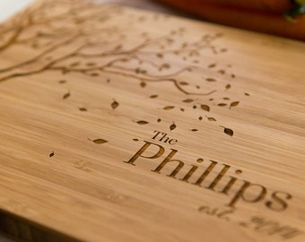 Personalized Cutting Board Tree Fathers Dad Mom Anniversary Name Engraved Monogram Initials Chef Kitchen Decor Chopping
