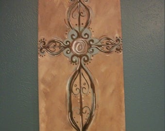 Original Acrylic Painting of Blue and Brown Cross on Tan Canvas