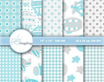 Scrapbook Paper, Hot Air Balloon, Digital Paper, Air plane, Paper Zeppelin, Blue Paper, Digital Scrapbook Paper, Crafts, Blue Collection