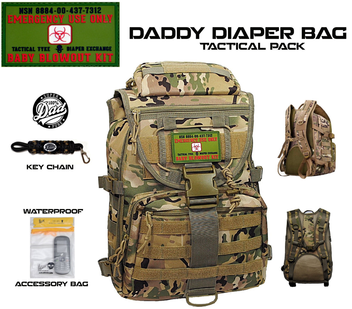 Camo DADDY DIAPER BAG Super Dad Tactical Backpack by CYCLONEXGEAR
