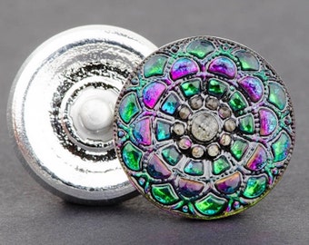 Czech Glass Button, Round Lacy Snowflake Button, Green Purple Iridescent with Black Wash, 19mm Button