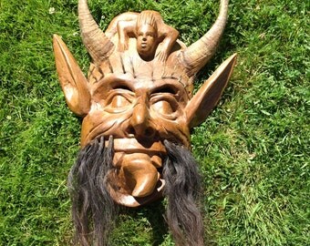 Horned mask, devil horn mask, Halloween devil mask, vintage devil mask, South American mask, unique wood mask, devil face mask, halloween