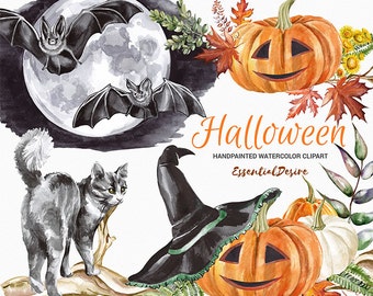 Watercolor Halloween clipart, Pumpkin Watercolor clipart, Bat Clip Art, Invite clipart, Black Cat, PNG files, Halloween, Hand Painted