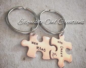 His and Hers Keychains, His and Hers, King and Queen, Her King His Queen, Puzzle Piece Keychains, Couples Keychains, Copper Keychain