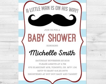 Baby Shower Invitation Boy, Mustache Baby Shower Invitation, Rustic Baby Shower, Blue, Red, Grey, Vintage, Little Man