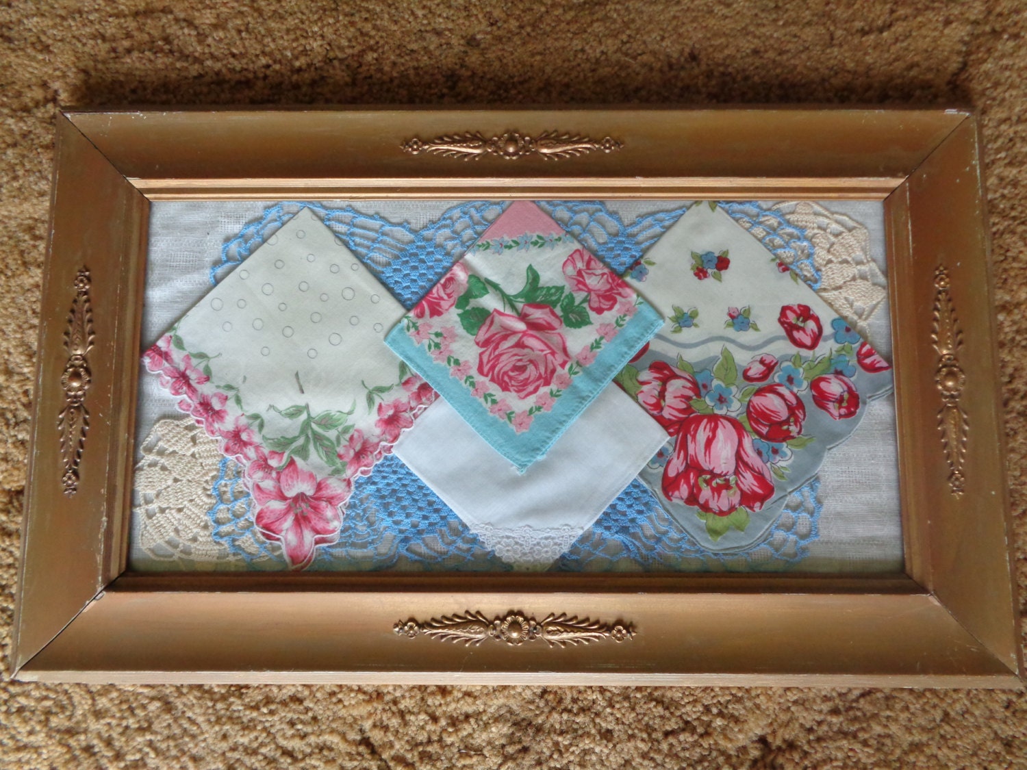 vintage shabby chic frame with vintage hankies and by HHAttic