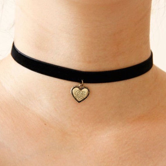 Items similar to Vintage Heart Pendant Slim Black Velvet Choker on Etsy