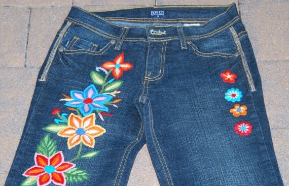 Fiorucci Safety JEANS Hand Embroidered Flowers By Peruvian