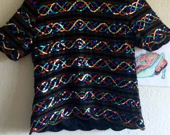 1980s Sequined silk Party Blouse black scalloped t-shirt size L LARGE