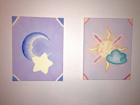 SALE Set of Sun and Moon Paintings by eyeKandyattire on Etsy