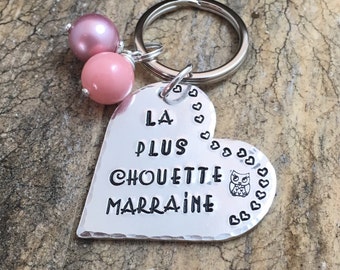 Hand Stamped La Plus Chouette Marraine?, Personalised Message French Keyring, Heart Keyring