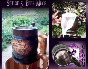 5 Groomsmen Mugs/Will You Be My Groomsman/GIft For The Groom/Groomsmen Gifts/Wooden Beer Mug/Beer Mugs/Customized Beer Mug/Hand Pyrography