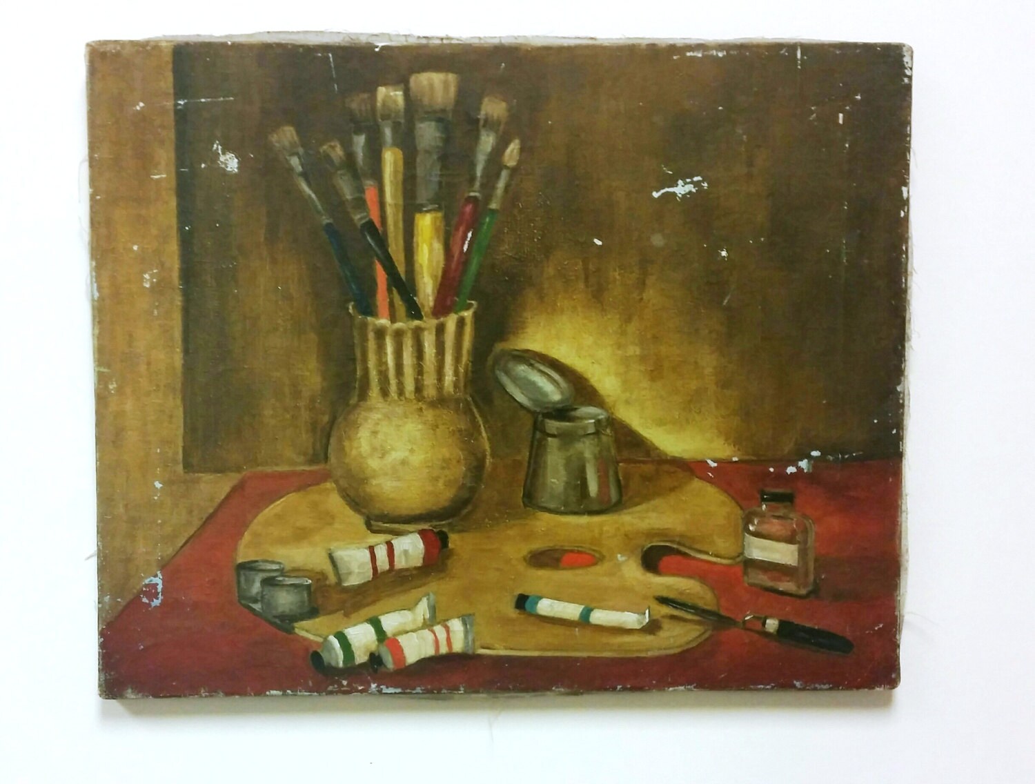 Vintage Still Life of Art Supplies Oil Painting