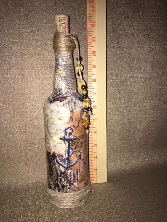 Items similar to Upcycled, Decoupage Nautical Beer Bottle with Embellishments on Etsy