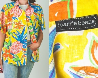 Vintage 1990's yellow Carrie Beene tropical // pineapple // floral print button-up shirt