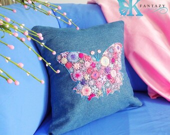 Flower butterfly pillow cover. Embroidered butterfly. Jeans pillow. Summer pillow. Butterfly pillow. Flower pillow. Embroidered pillow