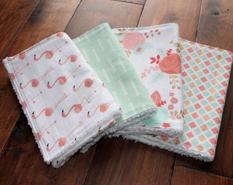The Stella Bundle, baby girl burp cloths, Burp Cloth Set, floral, pink, gold, mint, flamingos, flamingo nursery, baby girl, baby gift