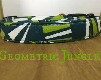 Dark Green, Lime Green & White Geometric Manly Dog Collar "Geometric Jungle"