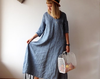 Linen Maxi Dress with Long Sleeves, Blue dress, Linen Dress, Plus size dress, Tunic Dress Trapeze, Plus size Maxi Linen Dress, Long linen