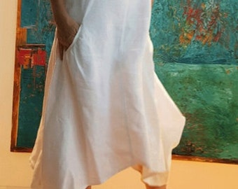Designer Dress/Linen white Dress/Asymmetric Hems Dress/Dramatic Shift Dress/Modern Dress