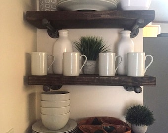 Espresso Industrial 8" Depth Floating Shelves, Farmhouse Rustic, Wood & Pipe Shelf, Bathroom Wall Shelve, Restoration Hardware Inspired