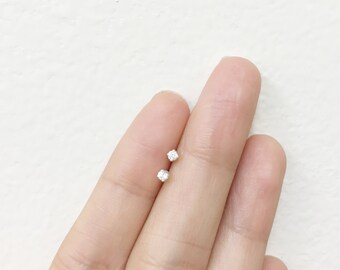 Dainty Tiny Cubic Ziconia Sterling Silver Stud Earrings 2mm