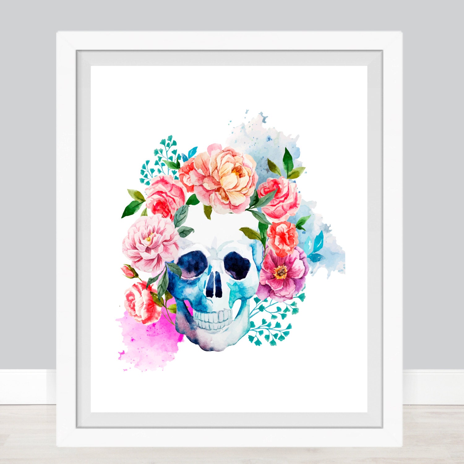 Watercolor Floral Skull Art Print Human Skull Wall