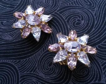 Vintage Rhinestone Periwinkle and Pink Clip Earrings