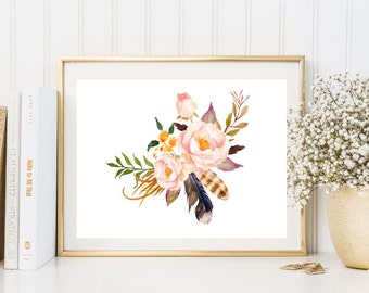 Light peony watercolor print flowers floral feather watercolor wall art print printable floral print watercolor poster bedroom kitchen decor