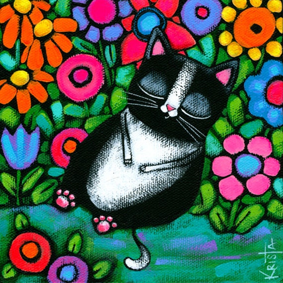 CAT in Flowers 2 Folk Art CAT PRINT colorful cat print