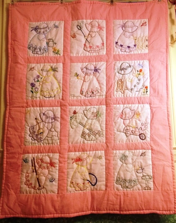 Hand embroidered and hand quilted baby nursery quilt/blanket