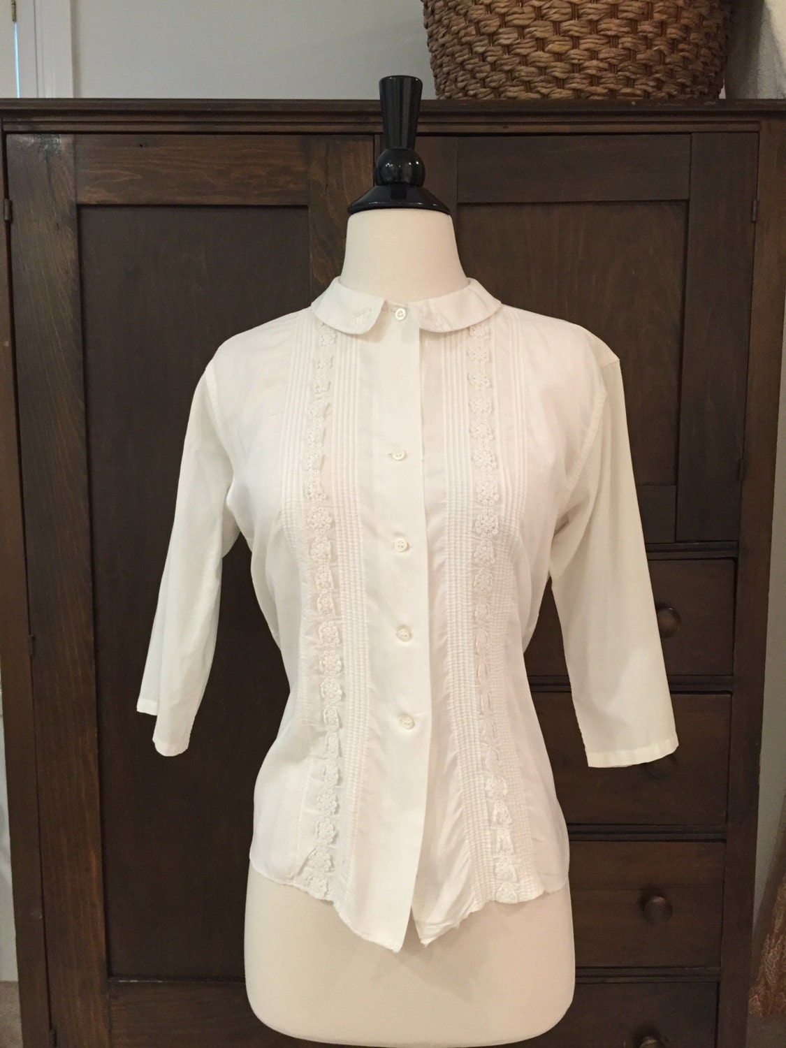 1960's White Cotton Blouse with 3/4 Length Sleeves
