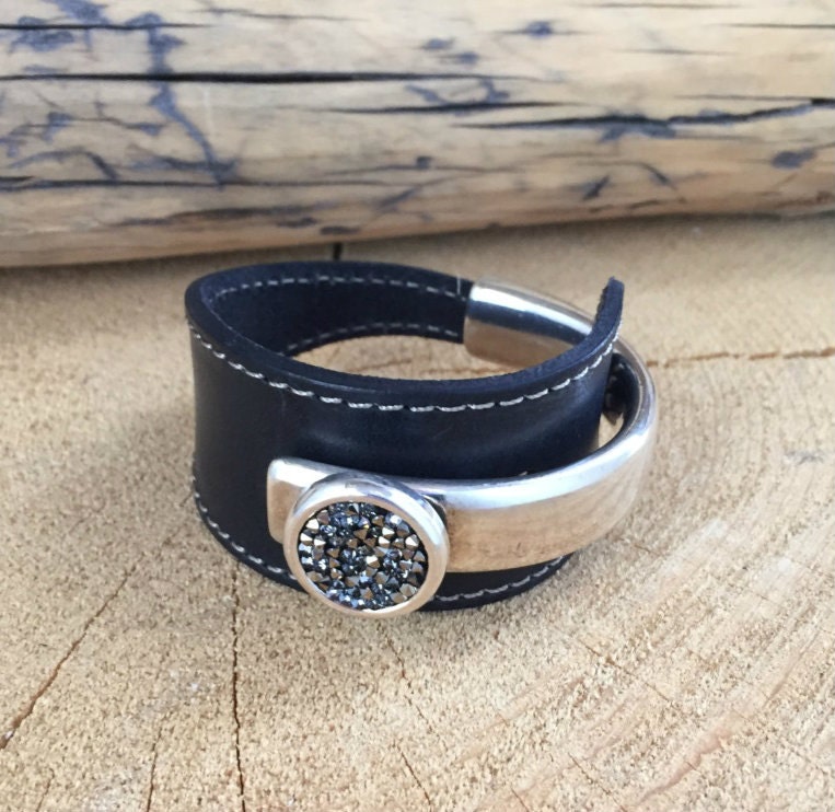 Black Genuine Leather Cuff Bracelet with Swarovski Crystal