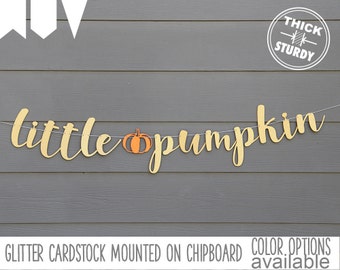 little pumpkin banner, baby shower banner, fall baby, gold glitter party decorations, cursive banner