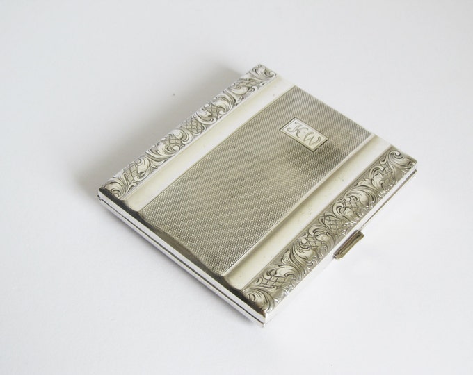 Alpacca business card case, silver plated cigarette case, German silver metal pocket storage box, hinged metal smoking case initialled K.W.