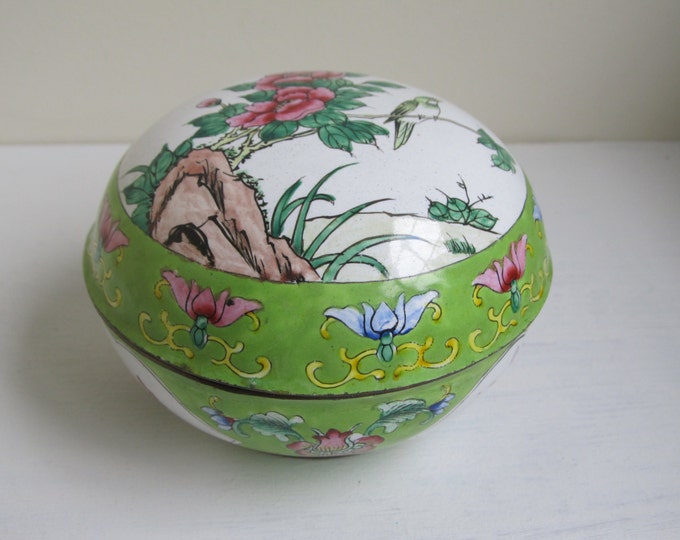 Chinese cloisonne box, Canton metal enamel box, handpainted vintage storage pot, famille verte jewelry trinket powder pot