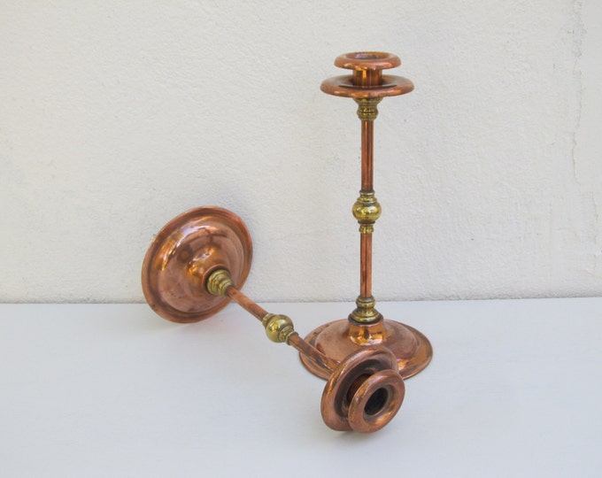 Copper candle sticks, mid-century brass and copper candlesticks, arts and crafts vintage candleholders, rustic mantlepiece farmhouse decor