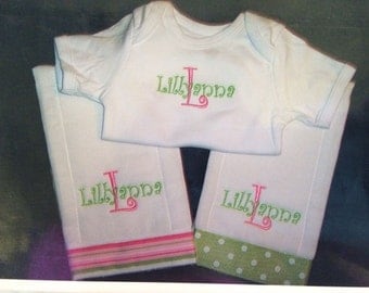 Personalized Pink/Green Baby Burp Cloth and Onesie Set Monogrammed baby girl