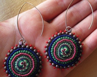 Jewel Toned Bead Embroidered and Polymer Clay Earrings