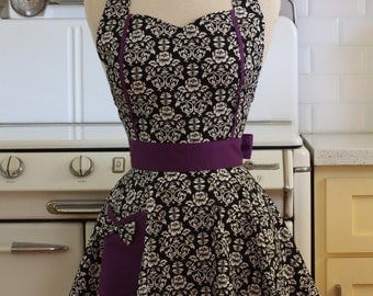Retro Apron Black and White Floral Damask with Purple MAGGIE