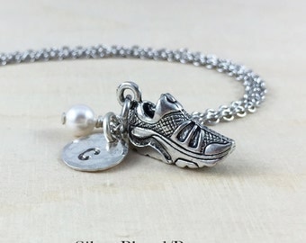 Personalized Running Shoe Charm Necklace, Hand Stamped Initial Jewelry, Silver Marathon Runner Necklace, Marathon Gift, Running Gift