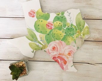 Texas Sign. Texas Wall Hanging. Texas Watercolor. texas home. Floral home decor. cactus art. Texas Silhouette. Watercolor Cactus. Texas