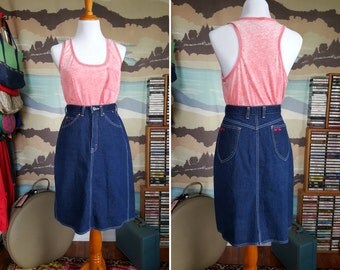 Vintage Denim A-Line Skirt with Birds on Pockets