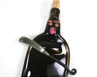 Dark Amber Wine Bottle Serving Tray with Dichroic Glass and Wire Wrap and Cork and Spreader - Recycled Eco-Friendly