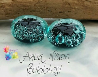 Lampwork Beads Neon Aqua Bubbles Pair